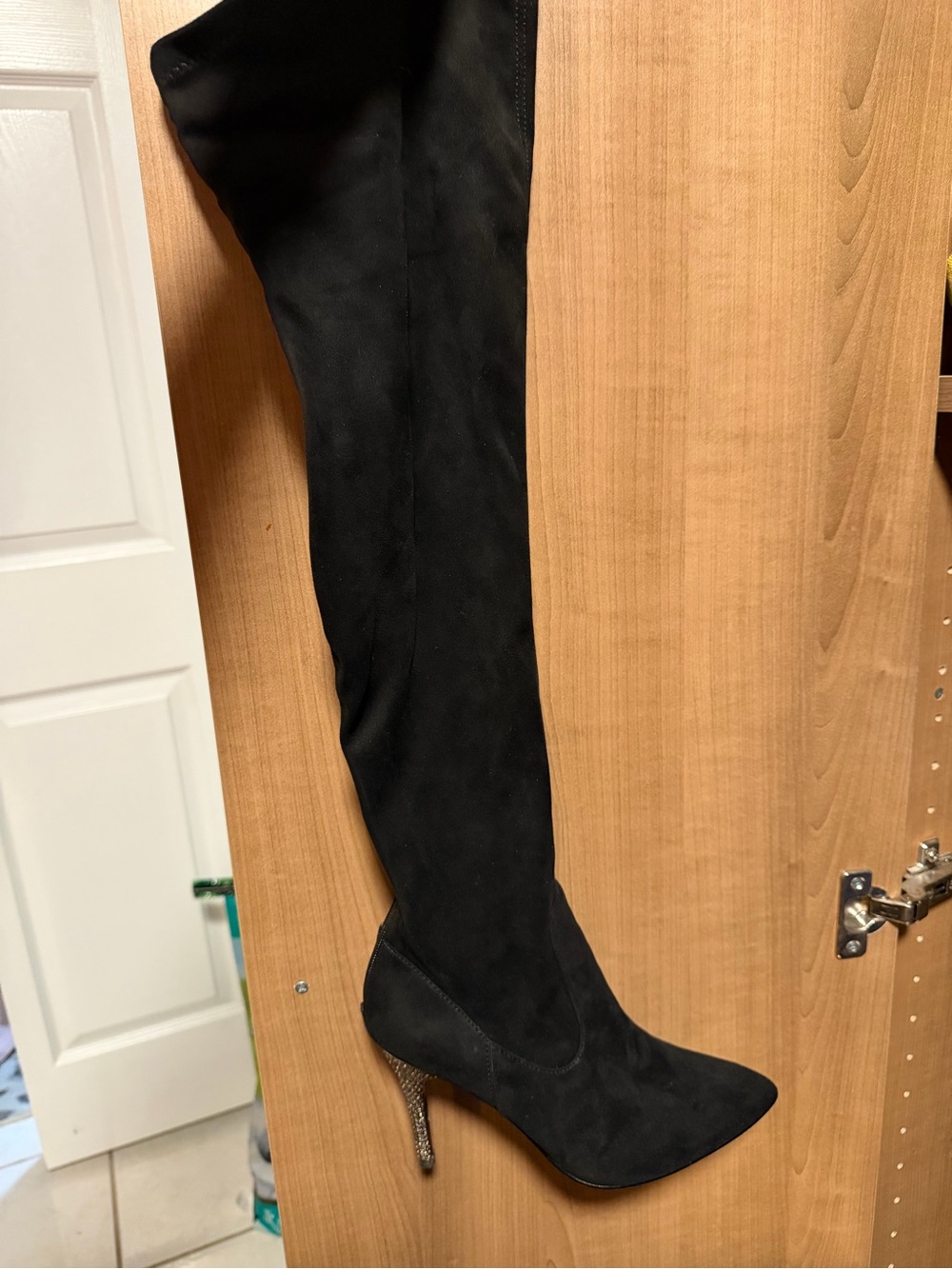 Nina Black Over-the-Knee Stiletto Boot with Embellished Heel